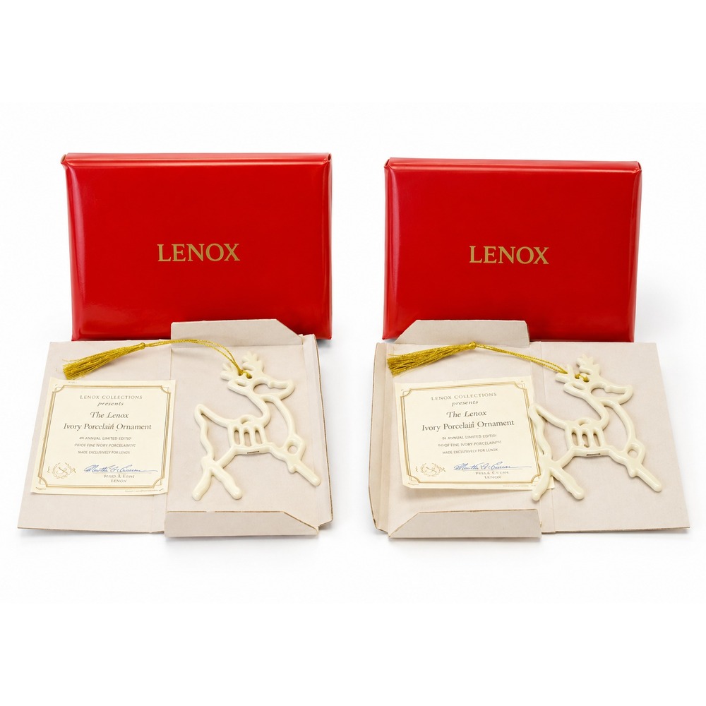 2 Lenox Ivory Pierced Reindeer Xmas Ornament Fine China Gold Tassel Box Lot of 2